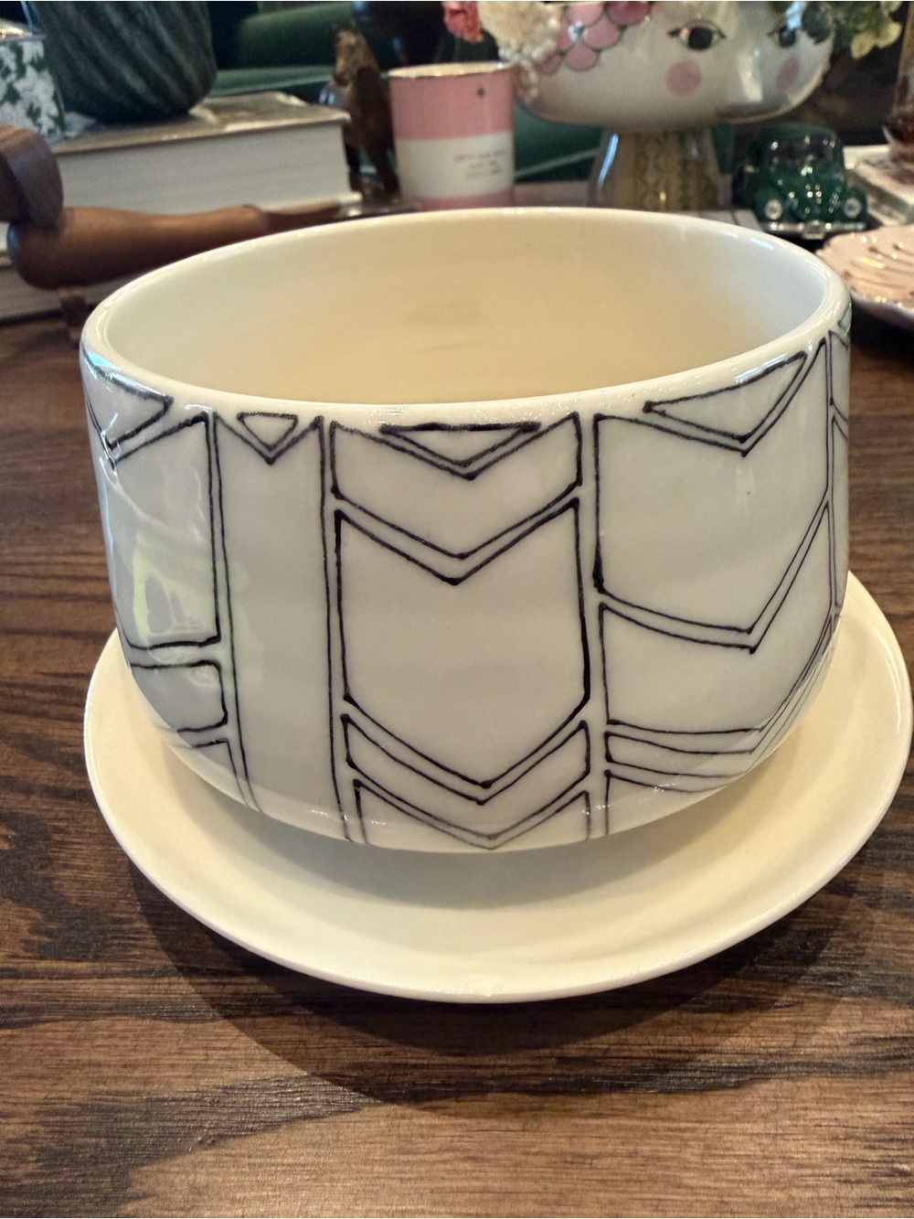 MCM Style Ceramic Decorative Planter with Black Geometric Pattern